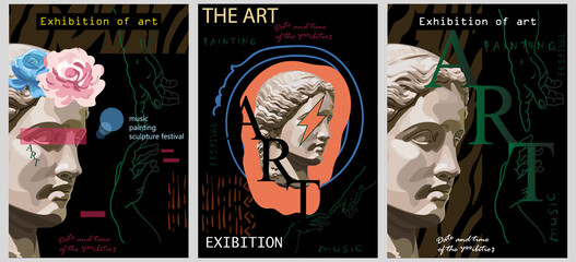 Art posters for the exhibition of painting, sculpture and music. Vector illustration of abstract background, greek sculpture, pattern for magazine or cover.