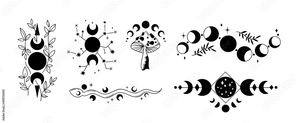 Wall mural mystical floral moon phases isolated cliparts bundle, celestial magic boho moon collection, phase of