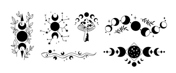 Mystical floral moon phases isolated cliparts bundle, celestial magic boho moon collection, Phase of the Moon set, silhouettes of luna, esoteric objects - black and white vector © Maria Zamchiy 