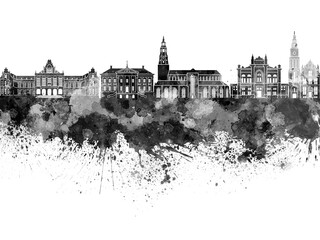 Groningen skyline in black watercolor - obrazy, fototapety, plakaty