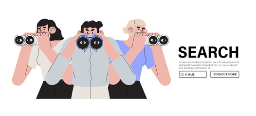 Man with binoculars, women with loudspeaker and spy glass. Concept employee, job and candidate search. People or office employees stand together and looking for new business or career opportunities.