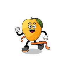 Mascot cartoon of mango fruit running on finish line