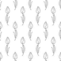 Monochrome seamless pattern with single line tulip flowers drawings. Endless floral background.