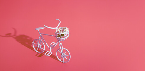A bicycle with flowers rides on a sunny day. Template for a greeting card for mother's day, spring and summer holidays