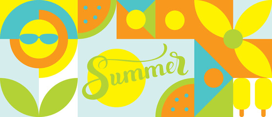 Summer - beautiful lettering, geometric shapes in a set for a beach flyer or web intro seamless background template. Bright wallpaper of squares, circles and triangles.