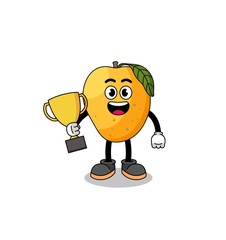 Cartoon mascot of mango fruit holding a trophy