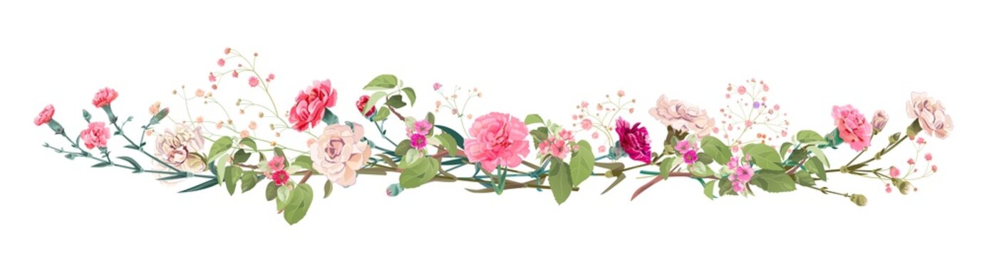 Panoramic view: bouquet of carnation and spring blossom. Horizontal border: light, pink flowers, buds, leaves on white background. Realistic digital illustration in watercolor style, vintage, vector