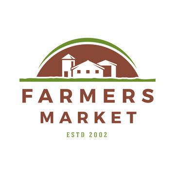 Farmers market logo template vector illustration. Farmer logotype or badge design. Trendy retro style farm barn silhouette.