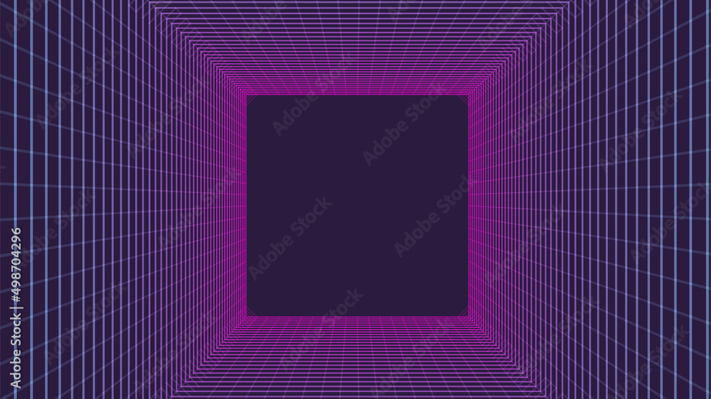 Poster technology wireframe square tunnel on dark background. futuristic 3d wormhole grid. digital dynamic 