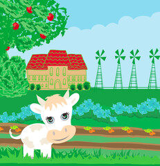funny cow in the field - illustration