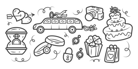 A set of wedding doodle elements, icons. Anniversary, save the date. Isolated illustrations.	