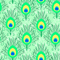 Peacock feathers vector seamless pattern background.