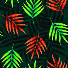 Tropical colorful leaves, jungle leaves, seamless vector floral pattern, abstract background.