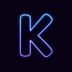 Bright Neon Font. Letter K, on Black Background
