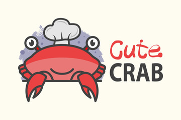 Funny cartoon seafood shop mascot. Happy crab chef. Design for print, emblem, t-shirt, party decoration, sticker, logotype.