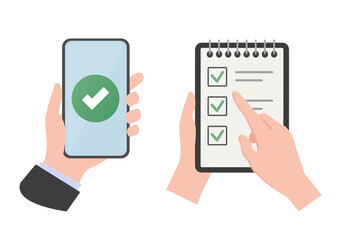 Notepad, smartphone and human hands. To do list. Colored flat vector illustration. Isolated on white background.