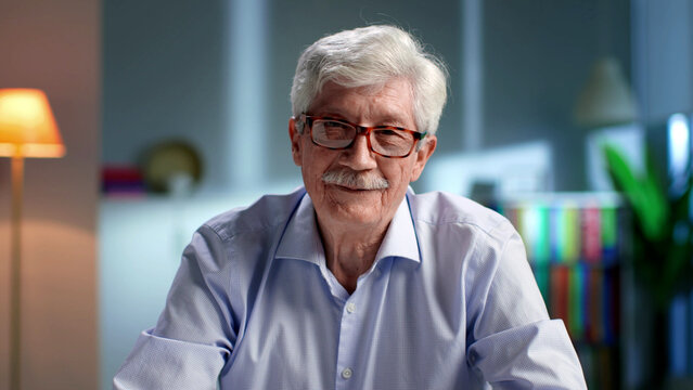 Portrait Of Smiling Aged Man Looking At Camera Having Video Conference