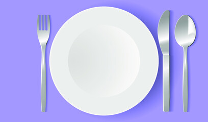 Breakfast table, top view. Serving of table with plates and cutlery