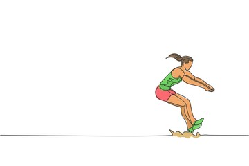 One single line drawing of young energetic woman exercise to land on sand pool after long jump vector illustration. Health athletic sport concept. Competition event. Modern continuous line draw design