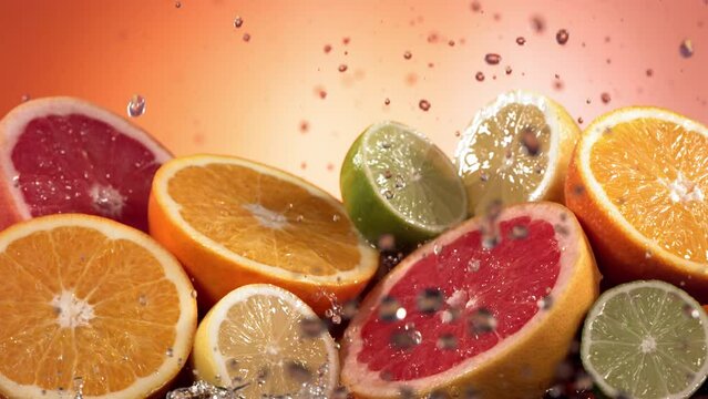 Slow Motion Shot of Citrus Fruits and Water Splashing through Lemon, Lime, Grapefruit Slices