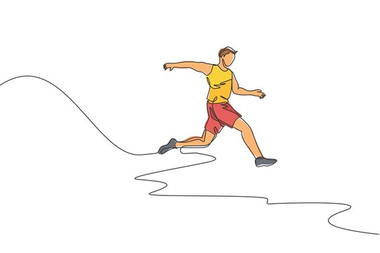 Single continuous line drawing of young sportive man training ling jump in the stadium field. Healthy athletic sport concept. Tournament event. Trendy one line draw design graphic vector illustration