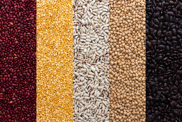 Different types of legumes, chickpeas and yellow peas, red, white and black beans, top view