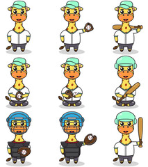 Vector Illustration of Cute Giraffe with Baseball costume. Set of cute Giraffe characters.