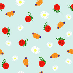 Seamless pattern strawberry, white daisy, butterfly on blue background, vector eps 10