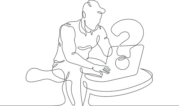 recommend clip art: One continuous line.Man is sitting at a laptop. Search for an answer to a question on the Internet. Computer work.One continuous line drawing. Line Art isolated white background.