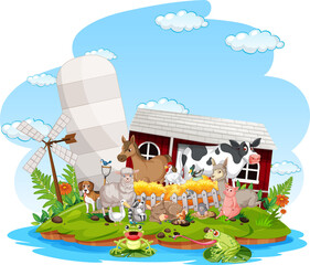 Farm scene with many animals by the barn