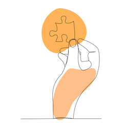 hands with puzzle drawing by one continuous line, sketch