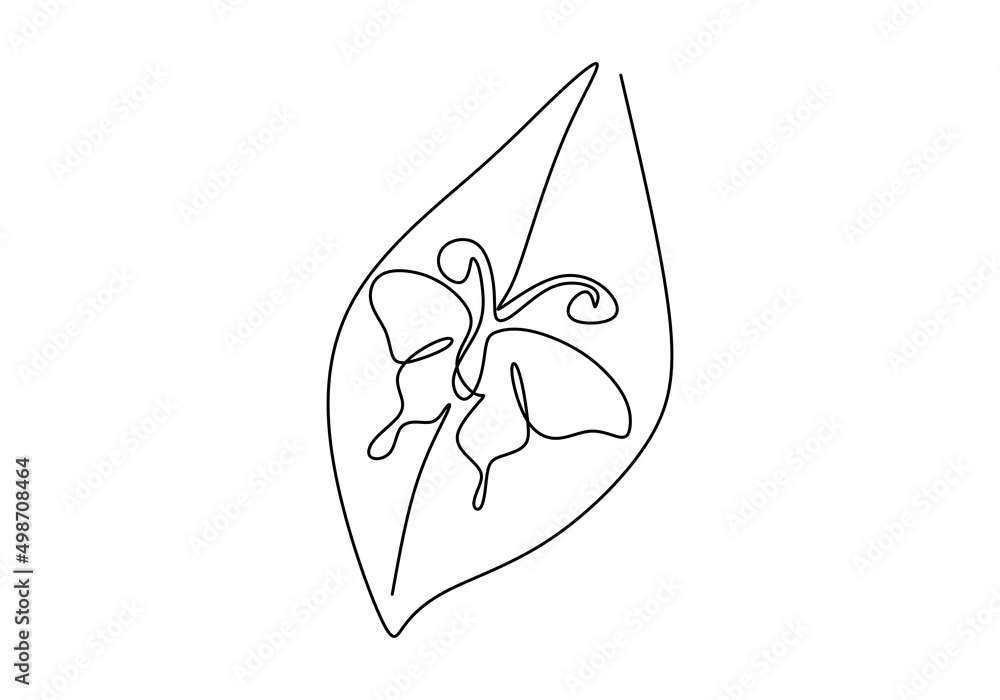 Poster one continuous single line of butterfly on leaf isolated on white background.