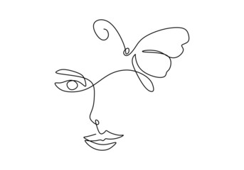 One continuous single line of abstract woman and butterfly isolated on white background.