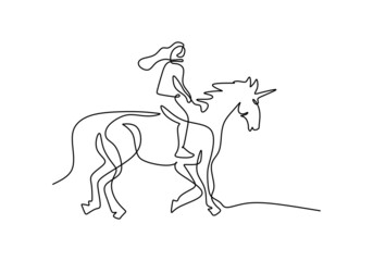 One continuous single line of man riding pegasus horse isolated on white background.