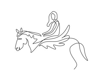 One continuous single line of woman riding flying pegasus isolated on white background.