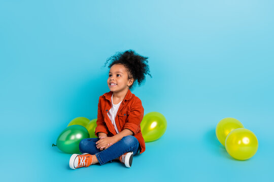 Full size photo of impressed curly little girl sit look promo wear shirt jeans footwear isolated on blue background
