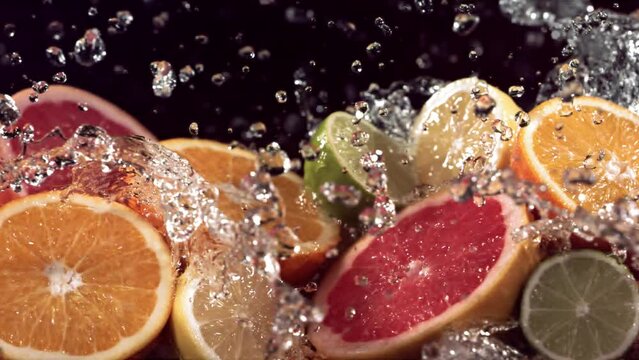 Slow Motion Shot of Citrus Fruits and Water Splashing through Lemon, Lime, Grapefruit Slices