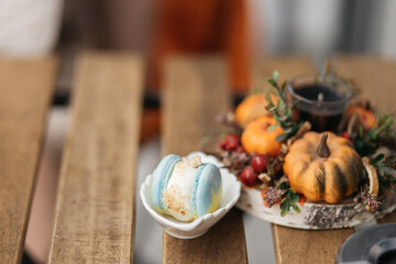Photo of macaroons. Macaroons in the color of the flag of Ukraine.