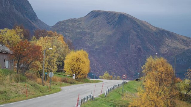 A narrow road goes through the rural landscape. A high mountain with gentle slopes in the background. Slow-motion, pan forward.