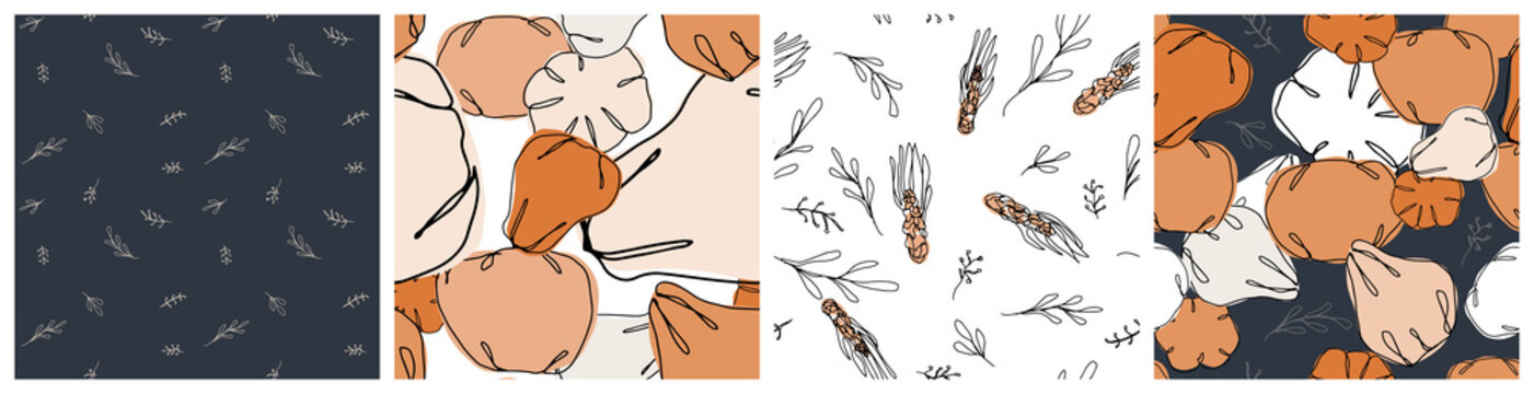Autumn harvest, pumpkin seamless pattern with coordinating leaf and stripe designs for kitchen textile, tablecloth or napkins in cozy fall terracotta orange and beige colours. 
