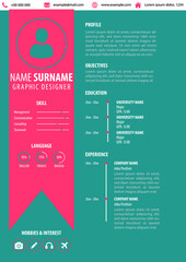 CV - Resume Template. Modern Clean Design. Simple Color Background. Editable Vector. A4 Paper Size. Suitable for Job Application