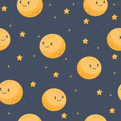 Seamless vector pattern. Nice smiling moon, stars, space. Pattern for children's clothes 