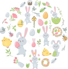 Vector Easter set. Easter bunnies are holding eggs.