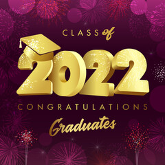 Graduating greenings Class of 2022. Class off congrats with festive backdrop. Holiday science hat calligraphic text. Isolated abstract graphic design template. Handwriting calligraphy. 3D style digits