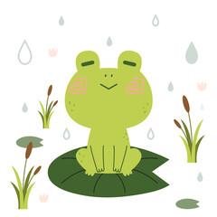 Cartoon cute green frog sitting on water lily on autumn rainy day vector illustration