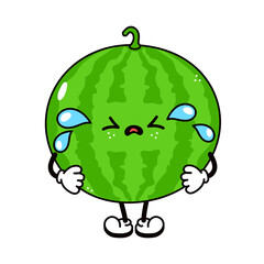 Cute funny crying sad watermelon character. Vector hand drawn traditional cartoon vintage, retro, kawaii character illustration icon. Isolated on white background. Crying watermelon character concept