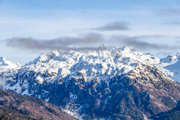 Haute Savoie, France, Alps, country of Mont Blanc, view on the snow covered mountain peaks in winter, Combloux, France