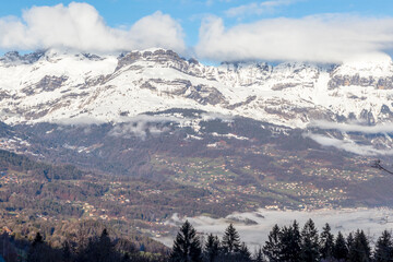 Haute Savoie, France, Alps, country of Mont Blanc, view on the snow covered mountain peaks in winter, Combloux, France