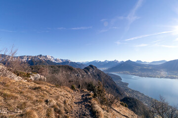 Hike around Mont Veyrier and Mont Baron with magnificent panoramic views of mountains and the Lake Annecy, Annecy, France