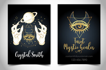 Fortune teller, spiritual coach, mystic healer business card design template. Vector illustration. Magic woman.